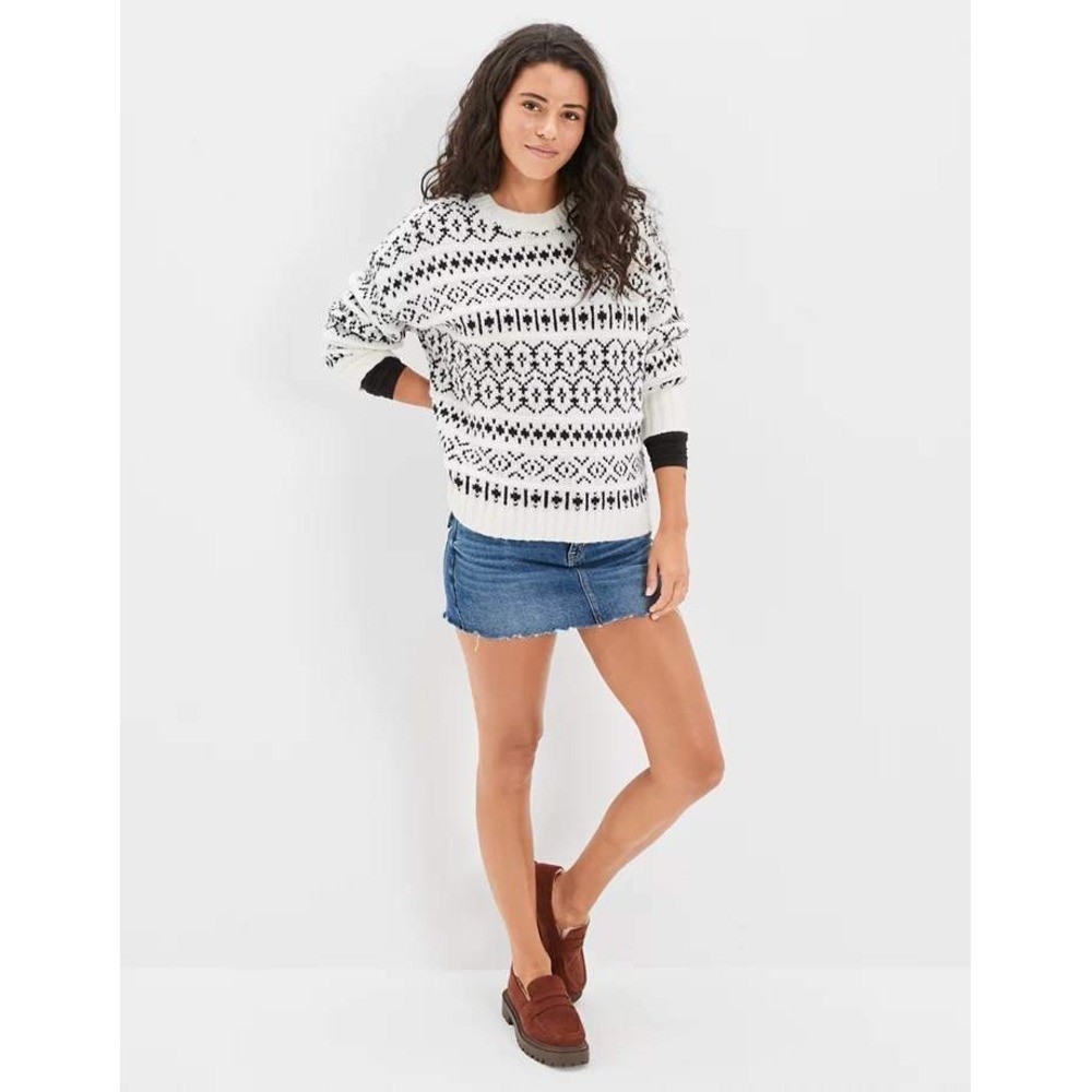 AMERICAN EAGLE Outfitters Fairisle Crew Neck Sweater Black White Fair Isle Small